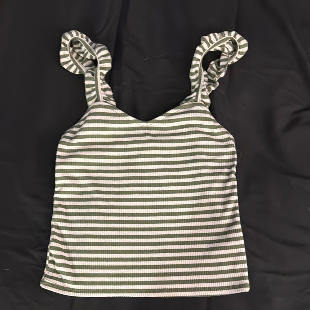 Striped Ruffle Strap Top - Green and White